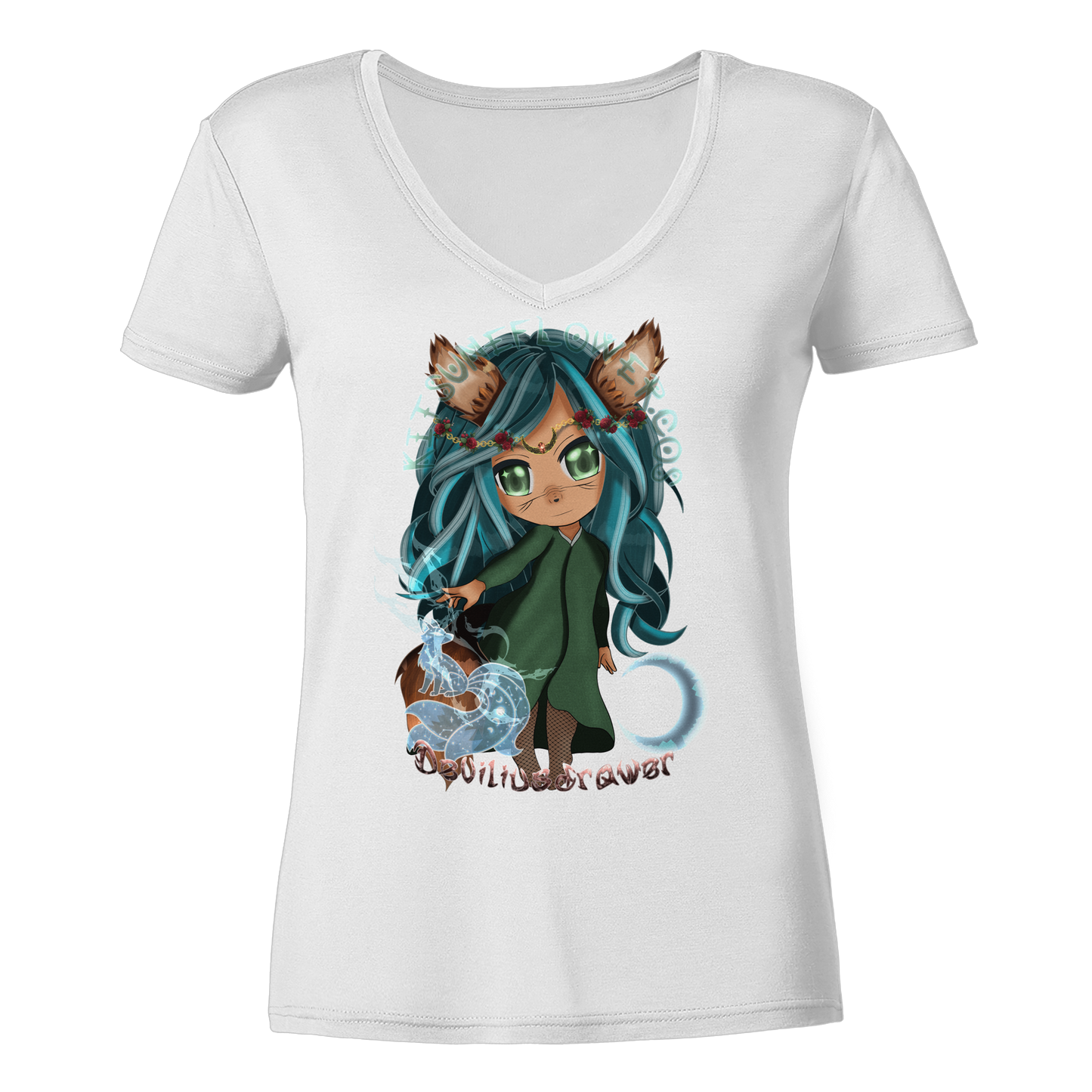 Deviliusdrawer Kitsuneflower - Ladies V-Neck Shirt